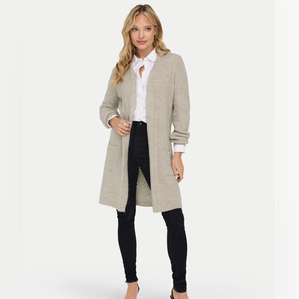 Long Open-Front Cardigan Heather Beige Sz S